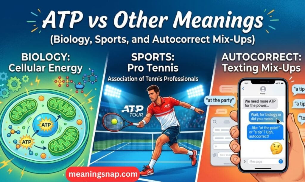 Three-panel graphic comparing ATP meanings in biology, pro tennis, and autocorrect texting mix-ups under main title heading.
