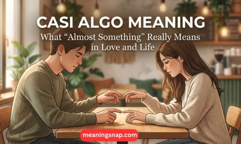 Man and woman leaning over a table nearly touching fingers under title Casi Algo Meaning: What Almost Something Means.