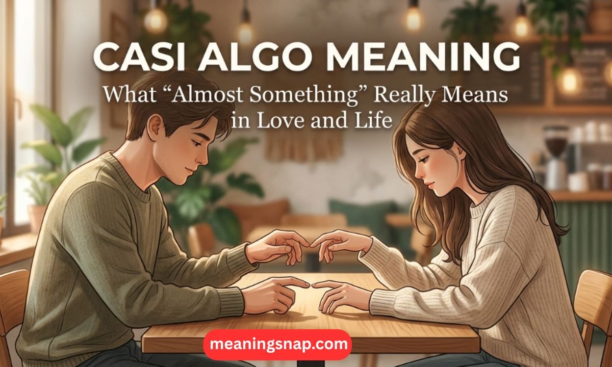 Man and woman leaning over a table nearly touching fingers under title Casi Algo Meaning: What Almost Something Means.