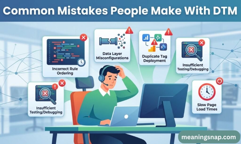 Illustration of developer facing common DTM mistakes including rule ordering errors, data layer misconfigurations, and slow load times.