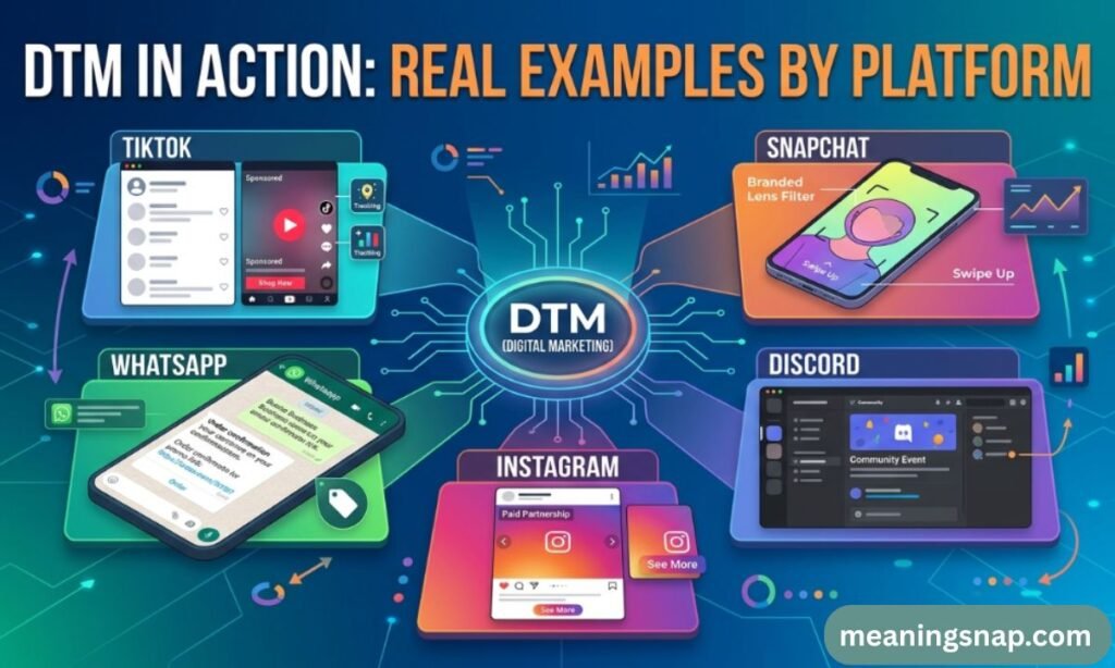 Graphic illustrating DTM Digital Marketing examples across platforms like TikTok, Snapchat, WhatsApp, Instagram, and Discord.