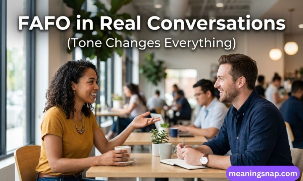 Man and woman conversing warmly over coffee in a bright cafe under title FAFO in Real Conversations (Tone Changes Everything).