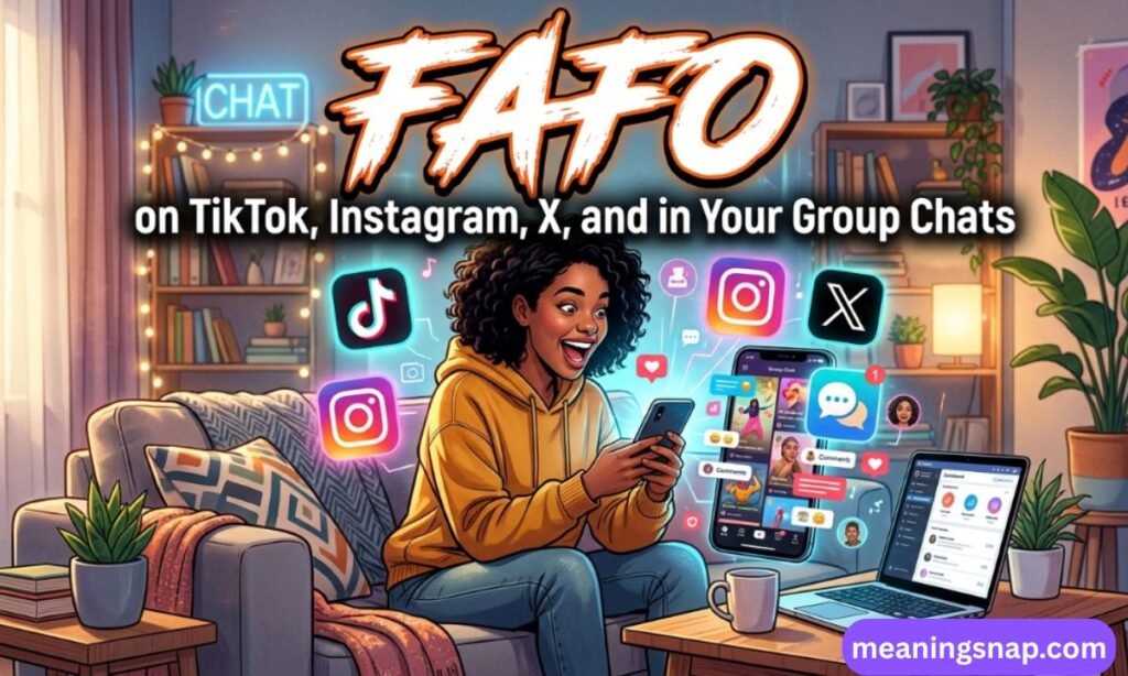 Woman using phone surrounded by TikTok, Instagram, and X icons under heading FAFO on TikTok, Instagram, X, and in Your Group Chats.