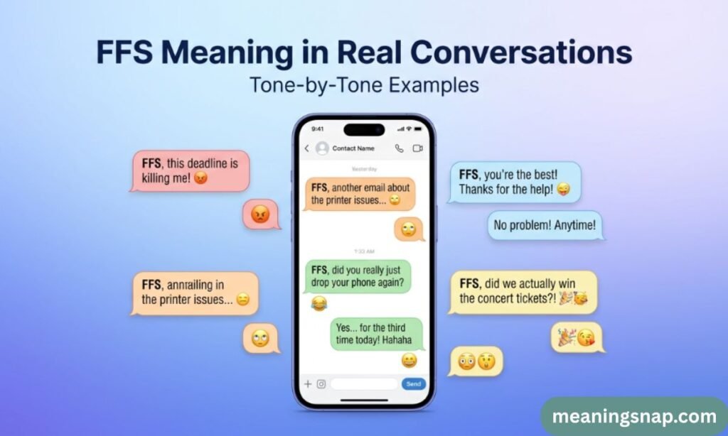 Smartphone screen displaying FFS slang text messages in chat bubbles with different emotional tone emojis.