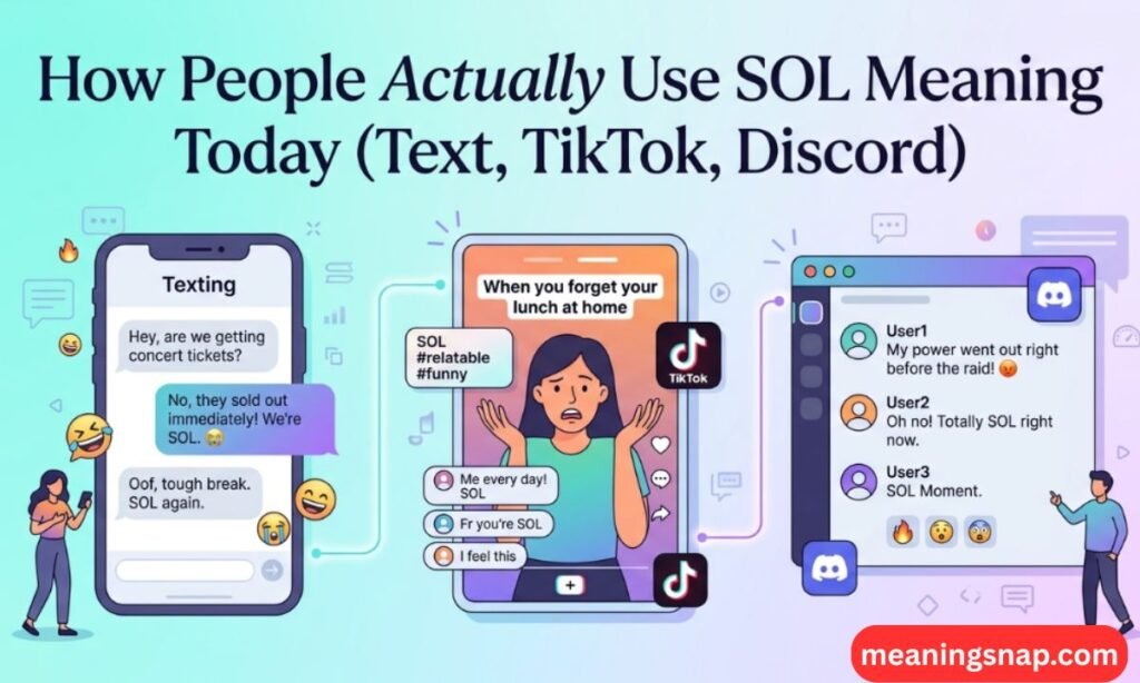 Graphic illustrating usage of SOL acronym across Texting, TikTok, and Discord interfaces under title How People Actually Use SOL Meaning Today.