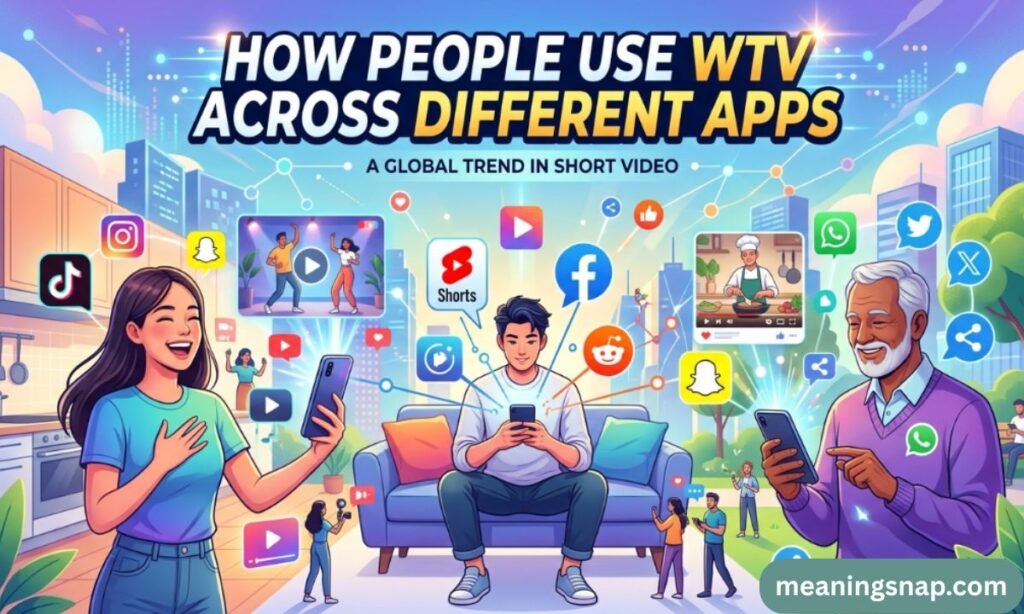 People using smartphones surrounded by social media icons under title How People Use WTV Across Different Apps, WTV Mean in Text