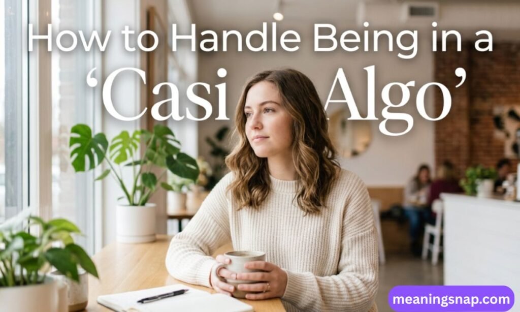 Pensive woman holding a mug at a cafe window seat under heading How to Handle Being in a 'Casi Algo'.