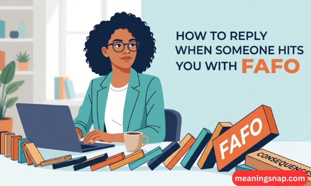 Woman at desk working on laptop next to falling dominoes labeled FAFO and Consequences under heading How to Reply When Someone Hits You with FAFO.