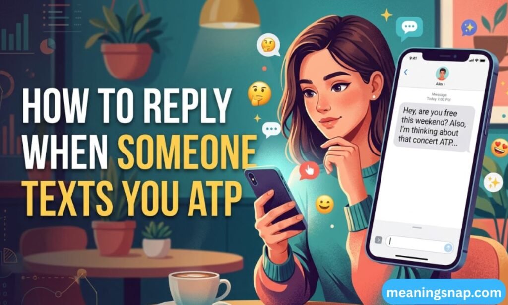 Woman thoughtfully texting on her smartphone next to a close-up phone screen displaying ATP message under heading How to Reply When Someone Texts You ATP.