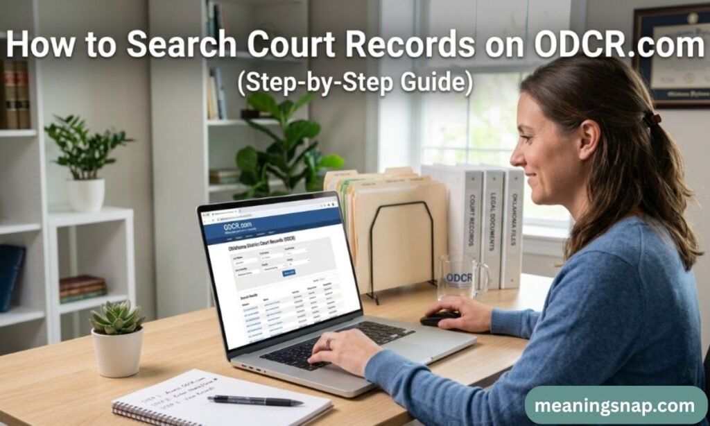 Woman searching court records on ODCR.com laptop database in a home office setting.