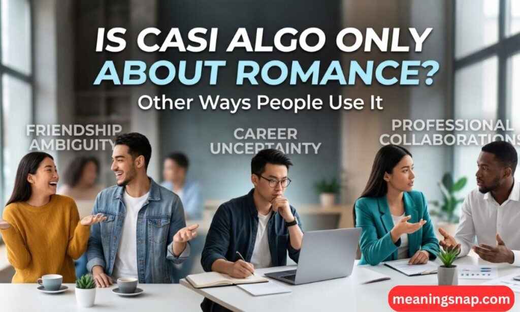 Three scenes of friendship ambiguity, career uncertainty, and business meetings under title Is Casi Algo Only About Romance?