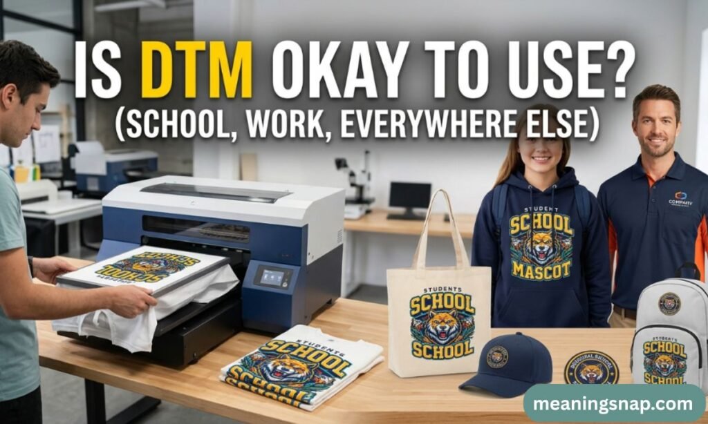 Graphic asking if DTM is okay to use, featuring custom printed shirts, hoodies, tote bags, caps, and backpacks.