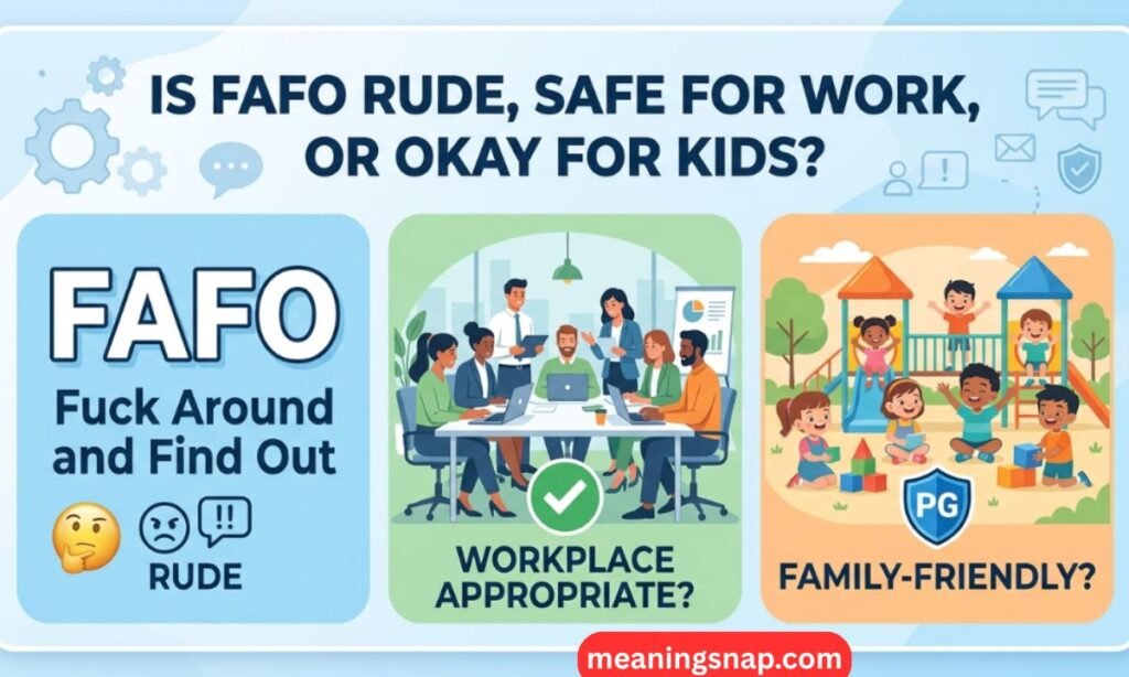 Three-panel infographic assessing FAFO profanity level, workplace appropriateness, and family-friendliness under main title heading.