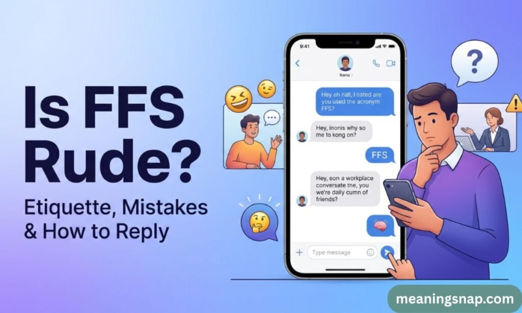 Thoughtful man holding smartphone next to text asking Is FFS Rude? with chat screen and emojis.