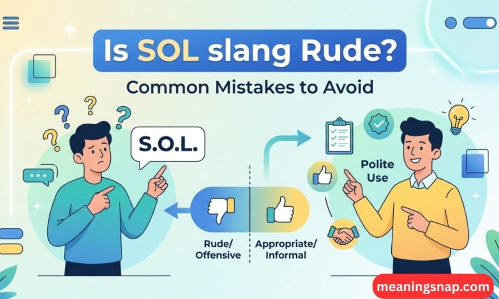 Illustrated graphic showing rude versus polite usage of S.O.L. slang under heading Is SOL slang Rude? Common Mistakes to Avoid.