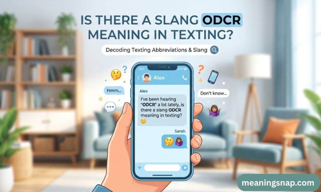 Hand holding smartphone with text thread asking if ODCR has a slang meaning in texting and social media.