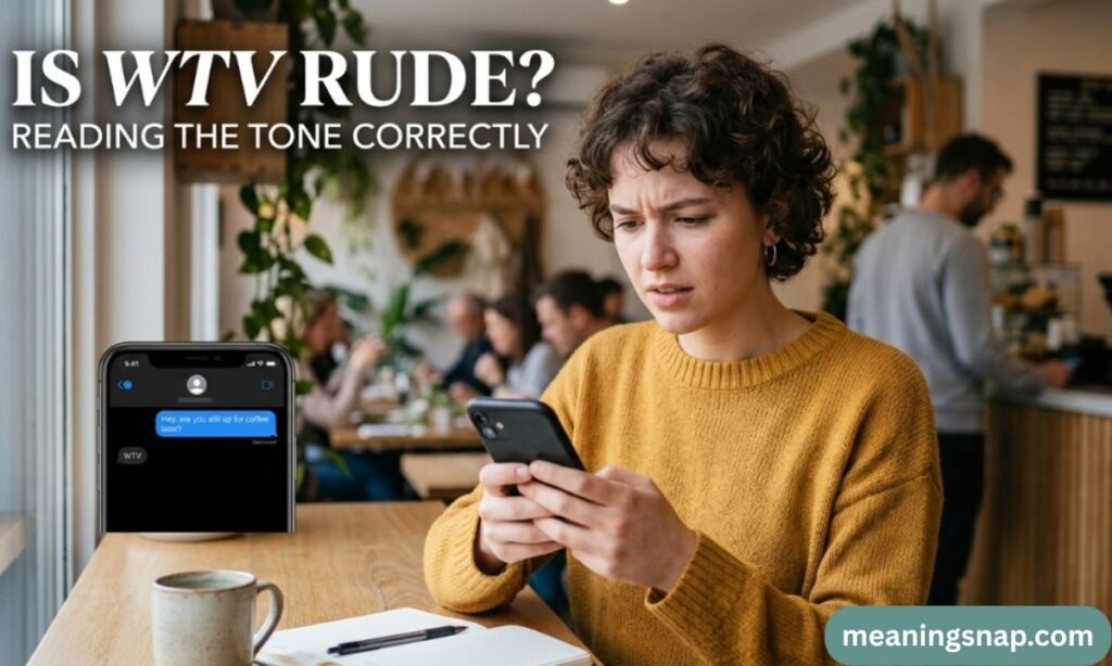 Confused woman in a yellow sweater looking at smartphone next to text asking Is WTV Rude? Reading Tone Correctly.