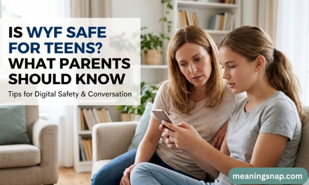 Mother and teenage daughter sitting on a sofa looking at a smartphone screen, discussing online slang and digital safety.