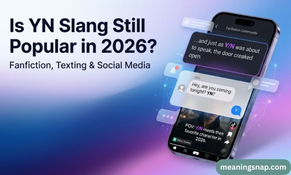 Smartphone showing YN slang in fanfiction texts, SMS, and TikTok posts under heading Is YN Slang Still Popular in 2026?
