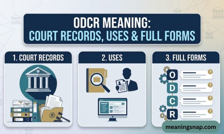 Infographic explaining ODCR meaning, showing court records, practical uses, and full form abbreviations.
