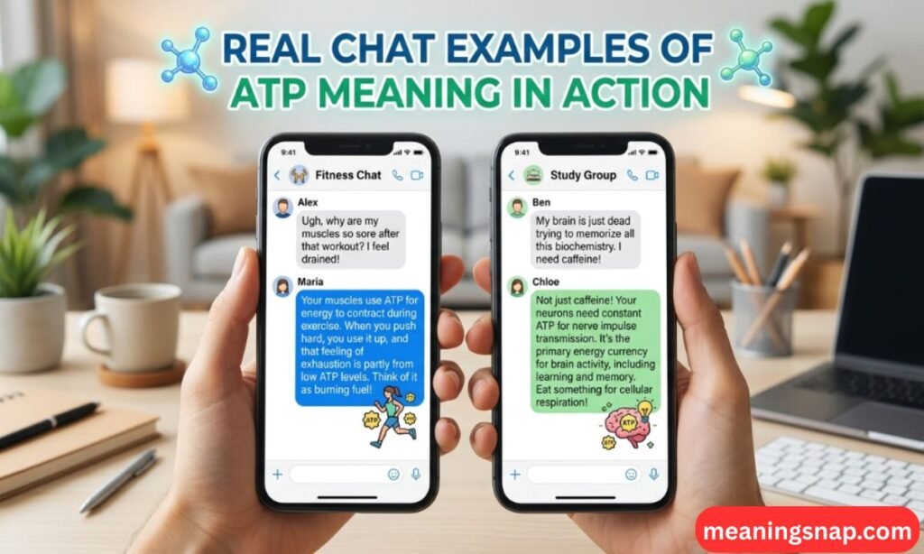 Hands holding two smartphones displaying chat conversations about ATP in fitness and studying under title Real Chat Examples of ATP Meaning in Action.