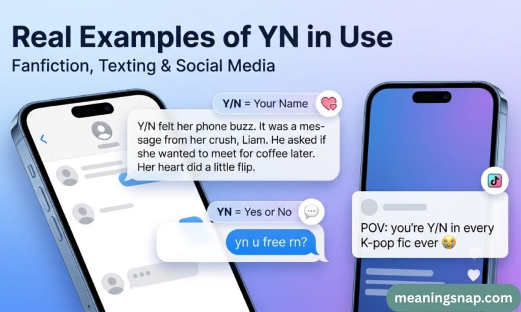 Two smartphones showing real YN examples in fanfiction stories, messaging chats, and TikTok social media posts.