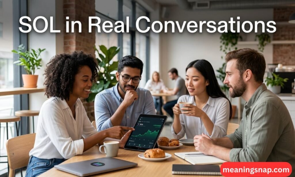 Group of friends seated at a cafe table discussing data on a tablet under heading SOL in Real Conversations.