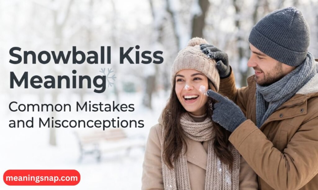 Smiling man dabbing snow on woman's cheek outdoors in a winter park next to title Snowball Kiss Meaning.