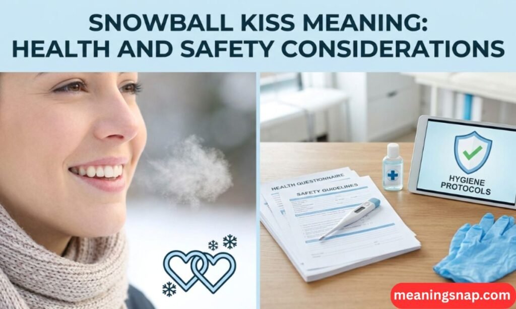 Split-screen graphic with woman exhaling visible cold breath alongside health questionnaire, thermometer, and hygiene screen.