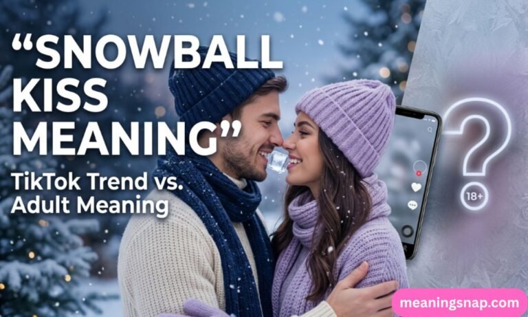Couple sharing ice cube kiss outdoors next to title Snowball Kiss Meaning TikTok Trend vs Adult Meaning and phone screen.
