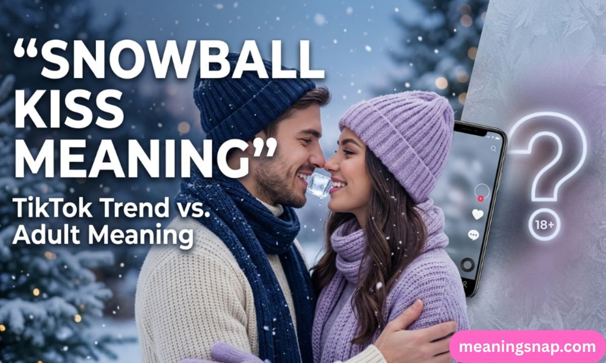 Couple sharing ice cube kiss outdoors next to title Snowball Kiss Meaning TikTok Trend vs Adult Meaning and phone screen.