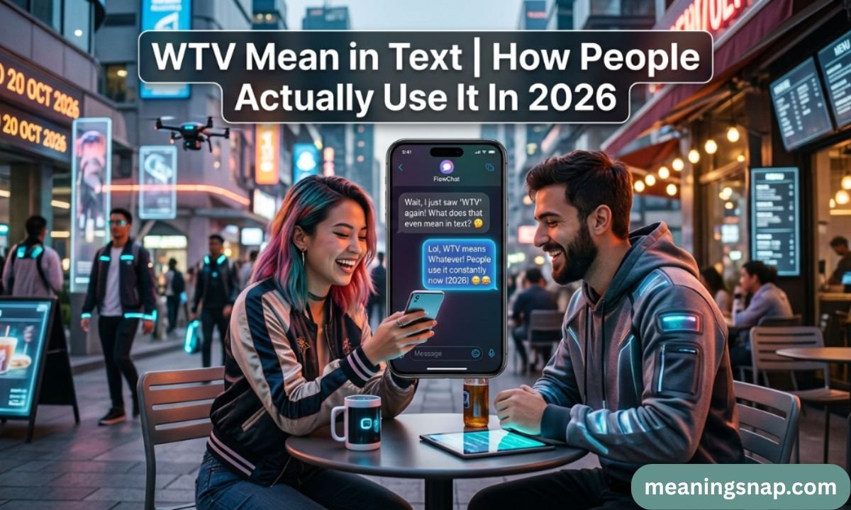 WTV Mean in Text Two young adults sitting at an outdoor city cafe discussing WTV text acronym on a smartphone screen overlay