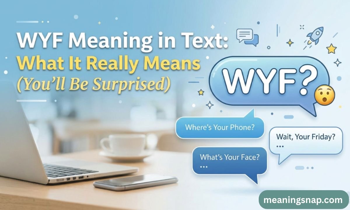 Graphic illustrating WYF meaning in text with chat bubbles showing possible interpretations like Where's Your Phone.