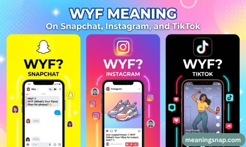 Graphic breaking down WYF meaning across Snapchat, Instagram, and TikTok platforms using smartphone UI examples.