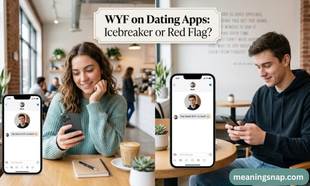 Woman and man texting on smartphones in a coffee shop, displaying a dating app conversation using WYF.