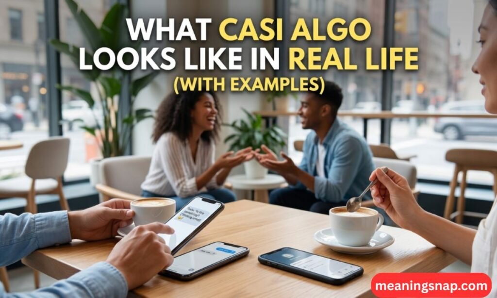 People sitting at a coffee shop table with smartphones next to title What Casi Algo Looks Like in Real Life.