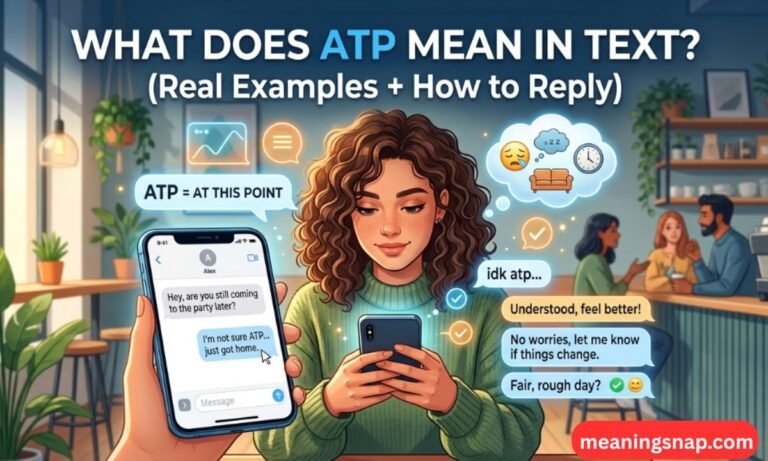 Woman texting in a cozy cafe with phone screens showing ATP meaning At This Point under title What Does ATP Mean in Text?