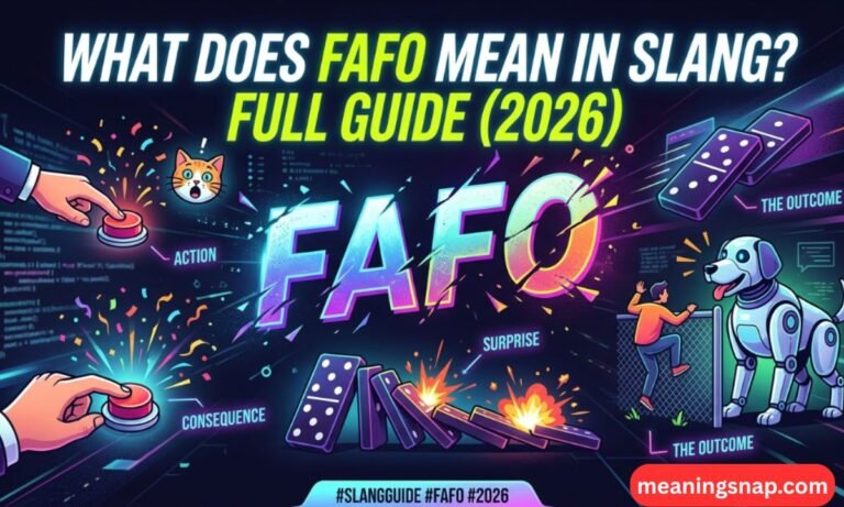 Neon graphic illustrating FAFO slang concept with action buttons, falling dominoes, and a robot dog under title What Does FAFO Mean in Slang?