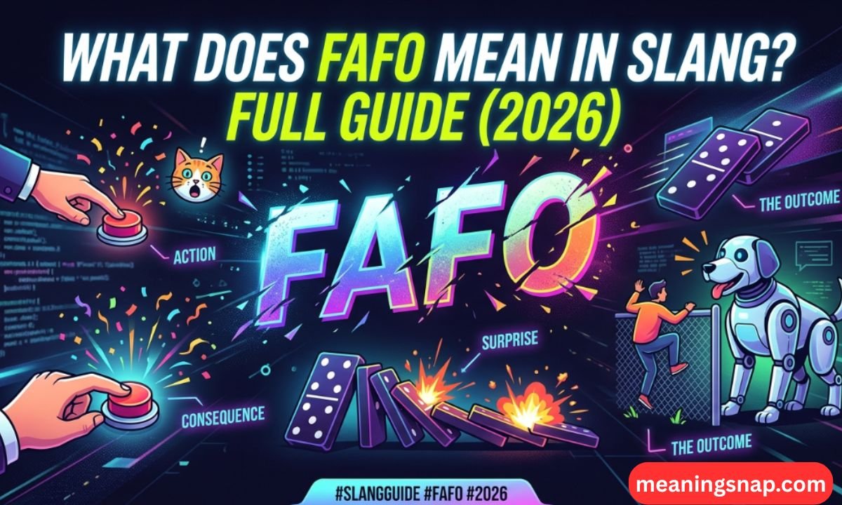 Neon graphic illustrating FAFO slang concept with action buttons, falling dominoes, and a robot dog under title What Does FAFO Mean in Slang?