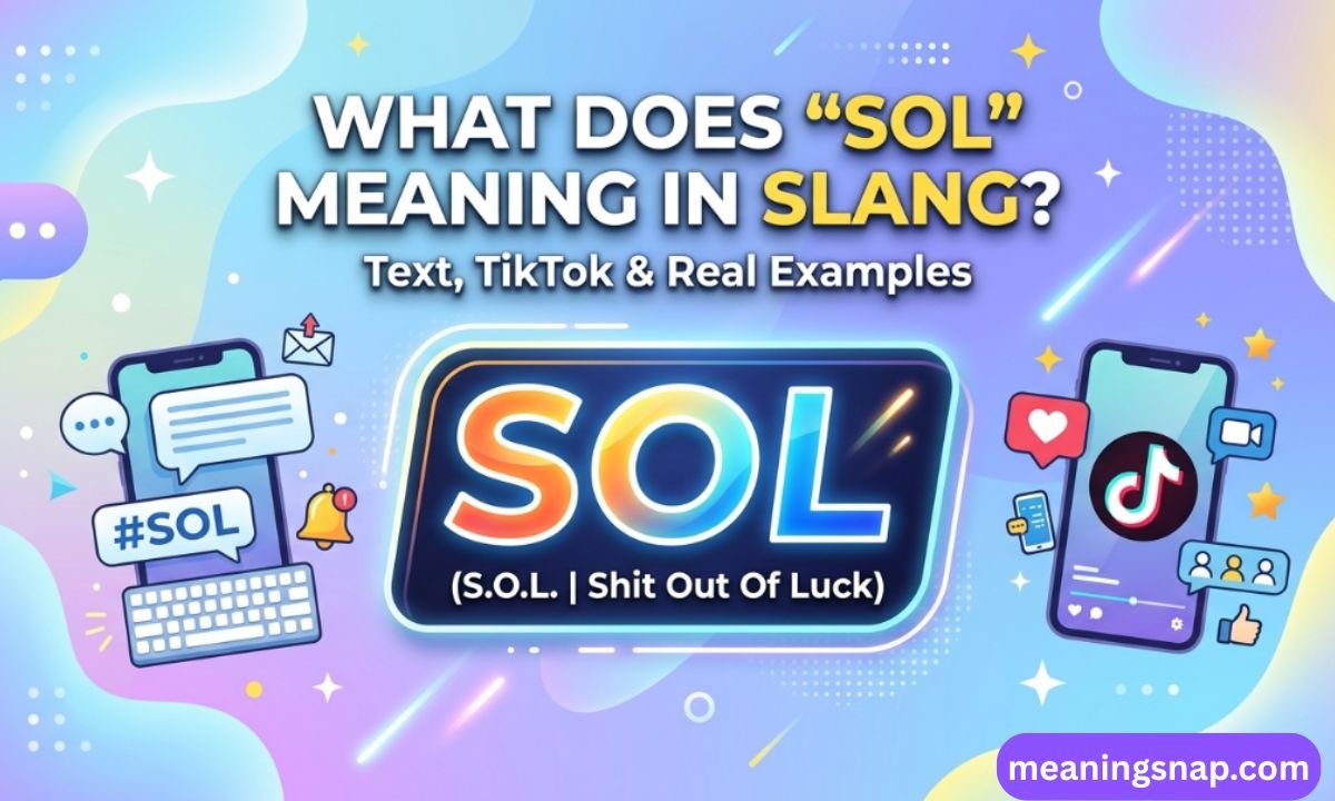Bright graphic displaying SOL abbreviation with smartphones showing text chat and TikTok icon under title What Does SOL Meaning in Slang?