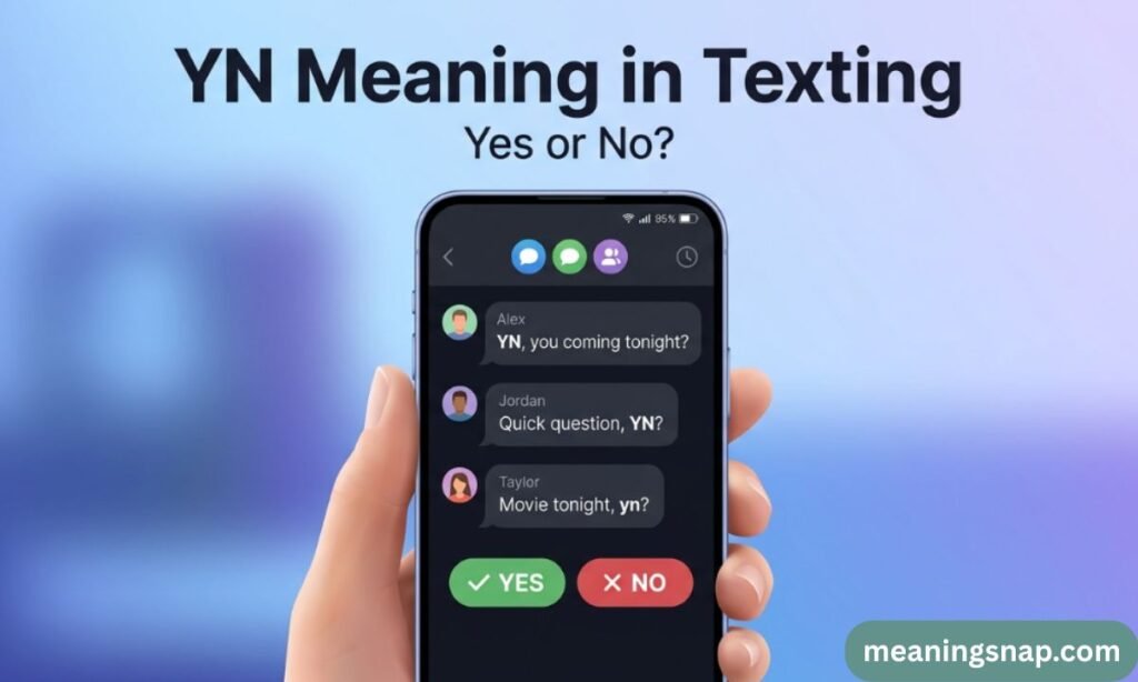 Person holding smartphone showing YN text messages with Yes and No response buttons on a dark interface.