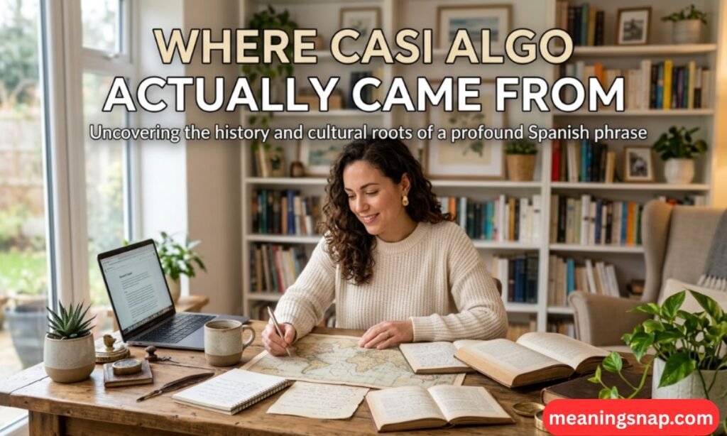 Woman writing notes over a world map at a wooden desk with books under heading Where Casi Algo Actually Came From.