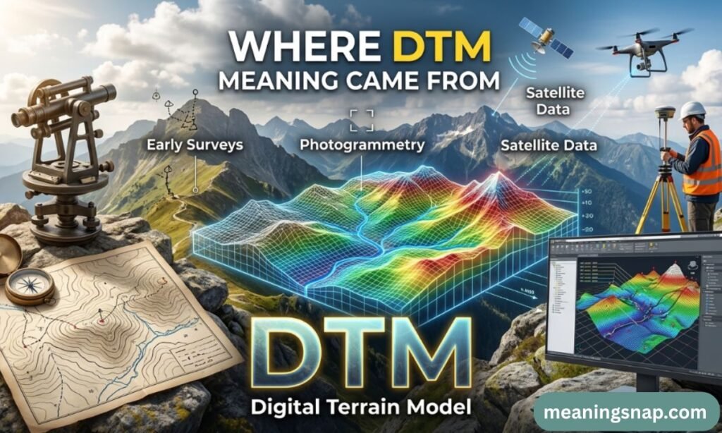 Graphic explaining Digital Terrain Model origin, showing land surveying, photogrammetry, satellite data, and a 3D topographic mesh, DTM meaning 