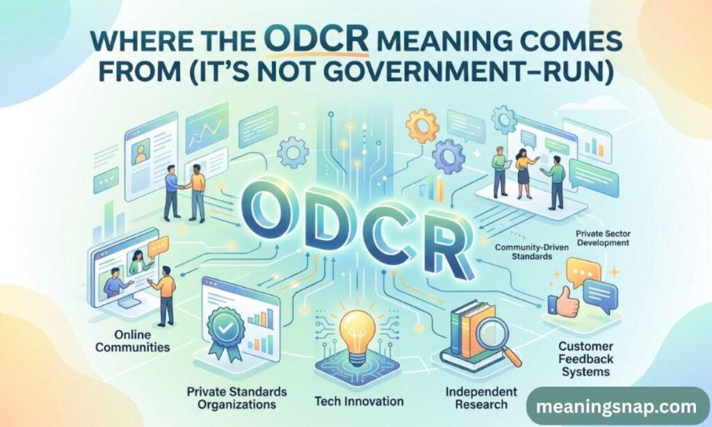 Graphic detailing ODCR meaning origin, showing private sector development, online communities, and non-government tech innovation.