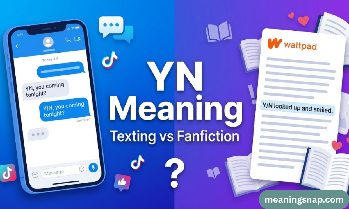 Large "YN Meaning" text on a split-screen graphic contrasting an iPhone text conversation and a Wattpad story page.