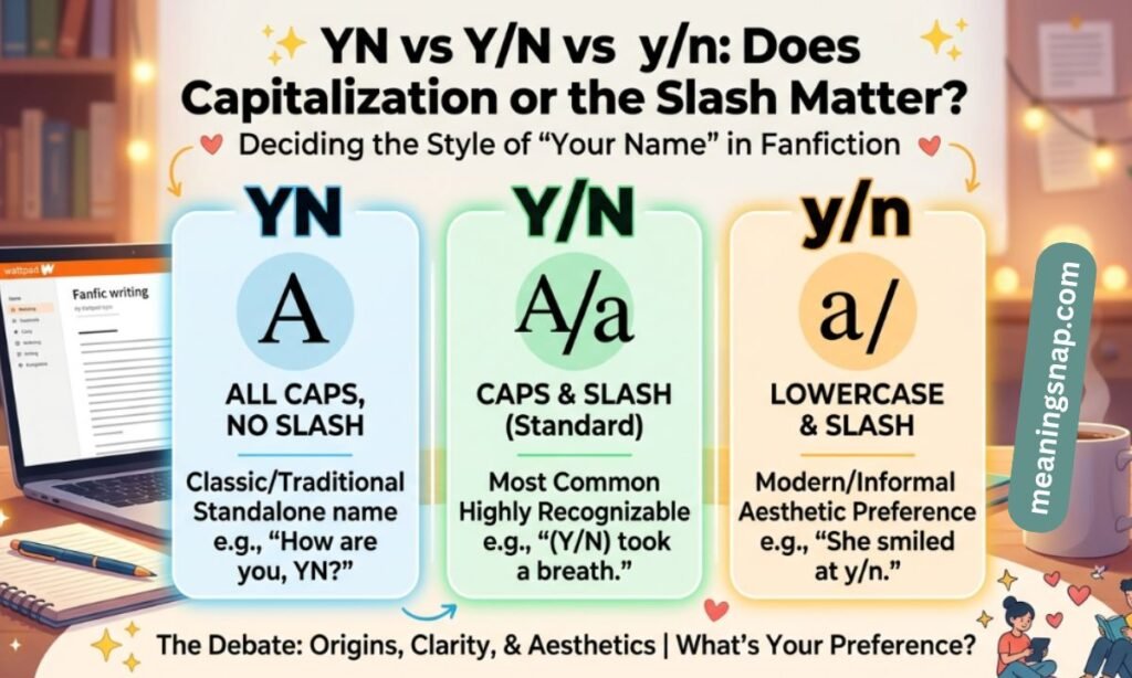 Comparison chart of fanfiction slang YN, Y/N, and y/n capitalization and slash formatting rules on a cozy desk setup.