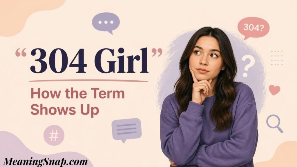 Graphic explaining 304 Girl meaning with a young woman looking thoughtful near speech bubbles and question marks.