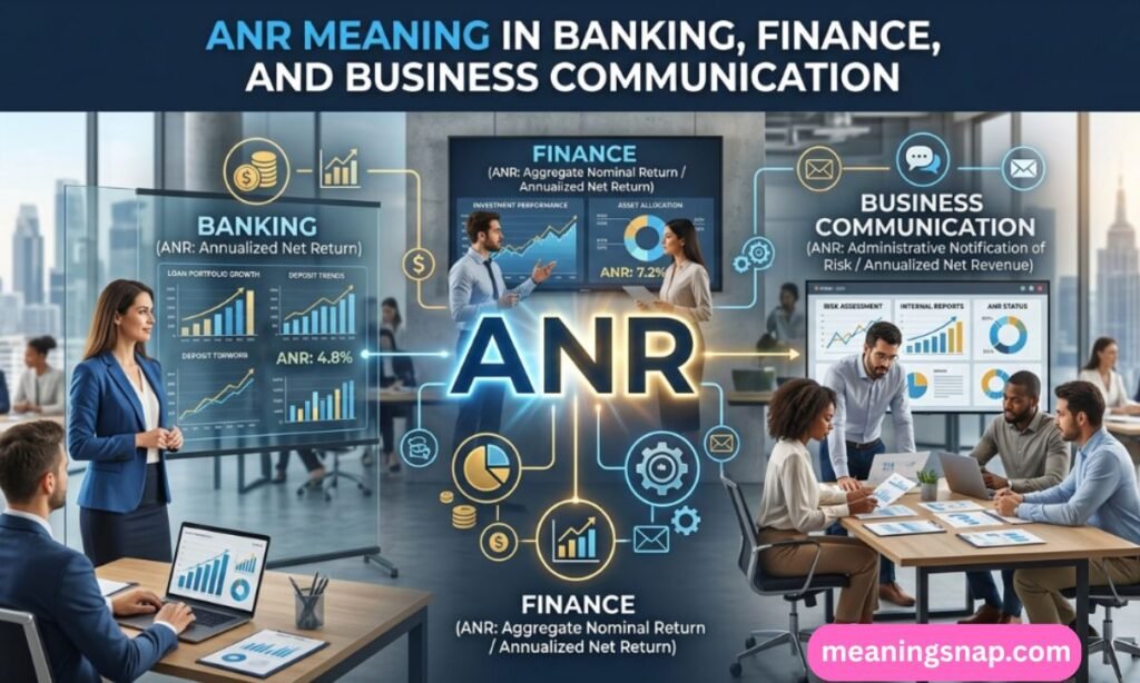 Corporate office scene illustrating the ANR acronym across banking, finance, and business communication under title ANR MEANING IN BANKING, FINANCE, AND BUSINESS COMMUNICATION.