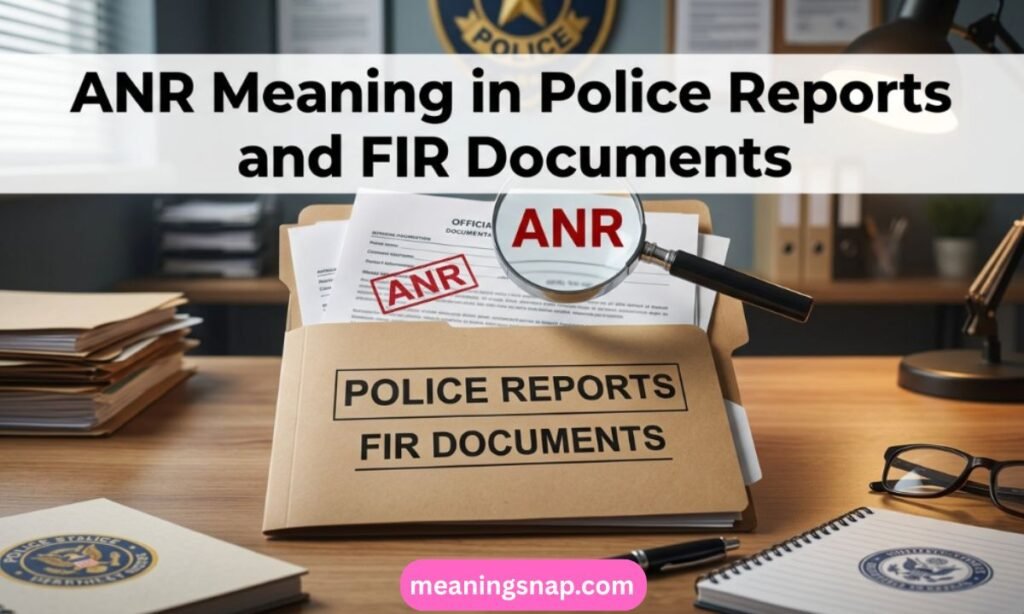 Official police folder labeled POLICE REPORTS and FIR DOCUMENTS with ANR red stamp and magnifying glass under title ANR Meaning in Police Reports and FIR Documents.