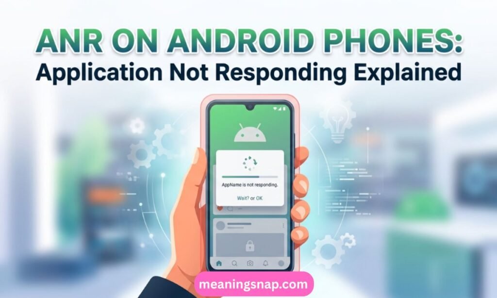 Hand holding a smartphone displaying an Android AppName is not responding dialogue box under title ANR ON ANDROID PHONES: Application Not Responding Explained.